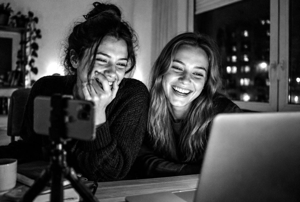 Two friends laughing in front of a laptop while a phone on a small tripod films them.